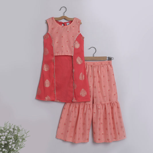 Indo Western Lace Embelished Ethnic Motif Printed Sleeveless Kurta and Sharara Set-Peach