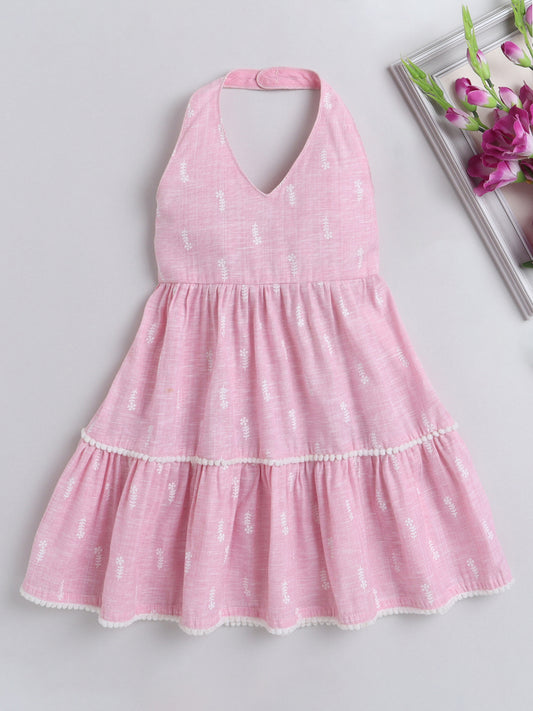 Halter Neck Printed Tiered Dress For Girls With Pom Pom Lace Embelishment-Pink