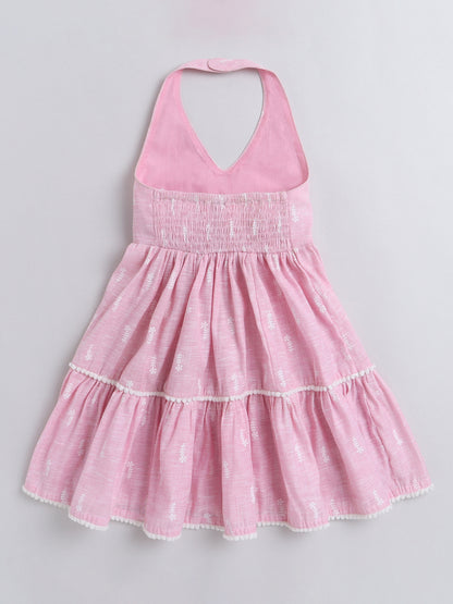 Halter Neck Printed Tiered Dress For Girls With Pom Pom Lace Embelishment-Pink