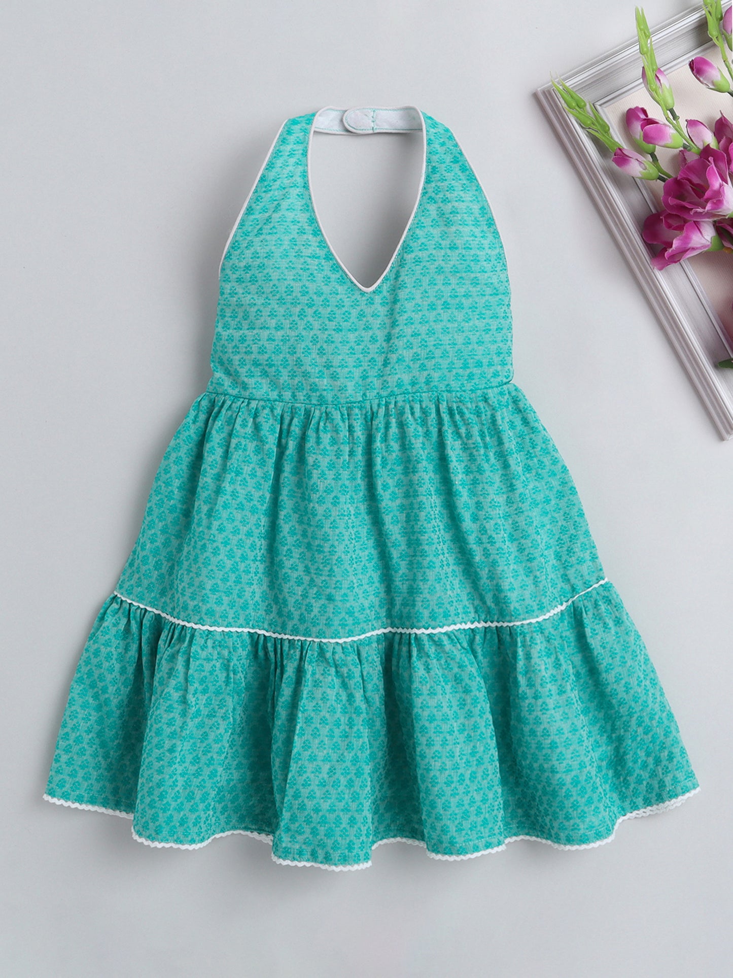 Halter Neck Cotton Dobby Tiered Dress For Girls With Lace Embelishment-Blue