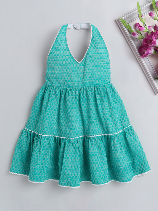 Halter Neck Cotton Dobby Tiered Dress For Girls With Lace Embelishment-Blue