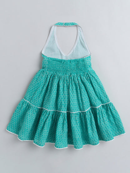 Halter Neck Cotton Dobby Tiered Dress For Girls With Lace Embelishment-Blue