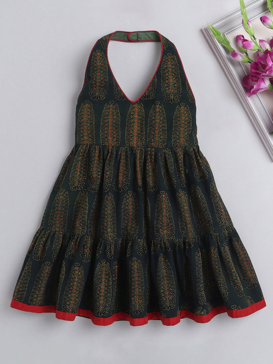 Halter Neck Ajarak Printed Cotton Tiered Dress For Girls With Contrast Patti Embelishment-Olive Green