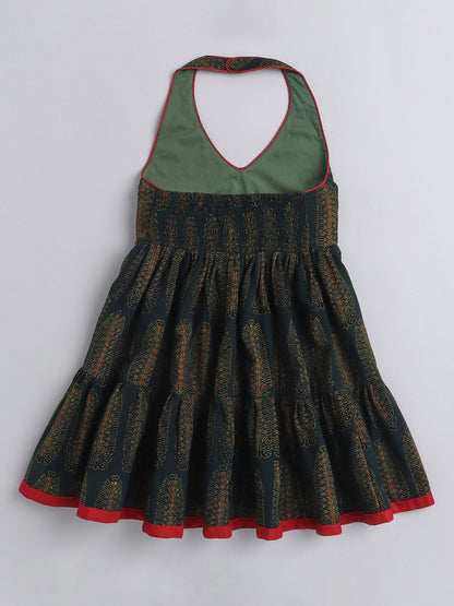 Halter Neck Ajarak Printed Cotton Tiered Dress For Girls With Contrast Patti Embelishment-Olive Green