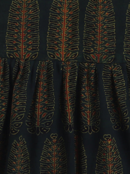 Halter Neck Ajarak Printed Cotton Tiered Dress For Girls With Contrast Patti Embelishment-Olive Green