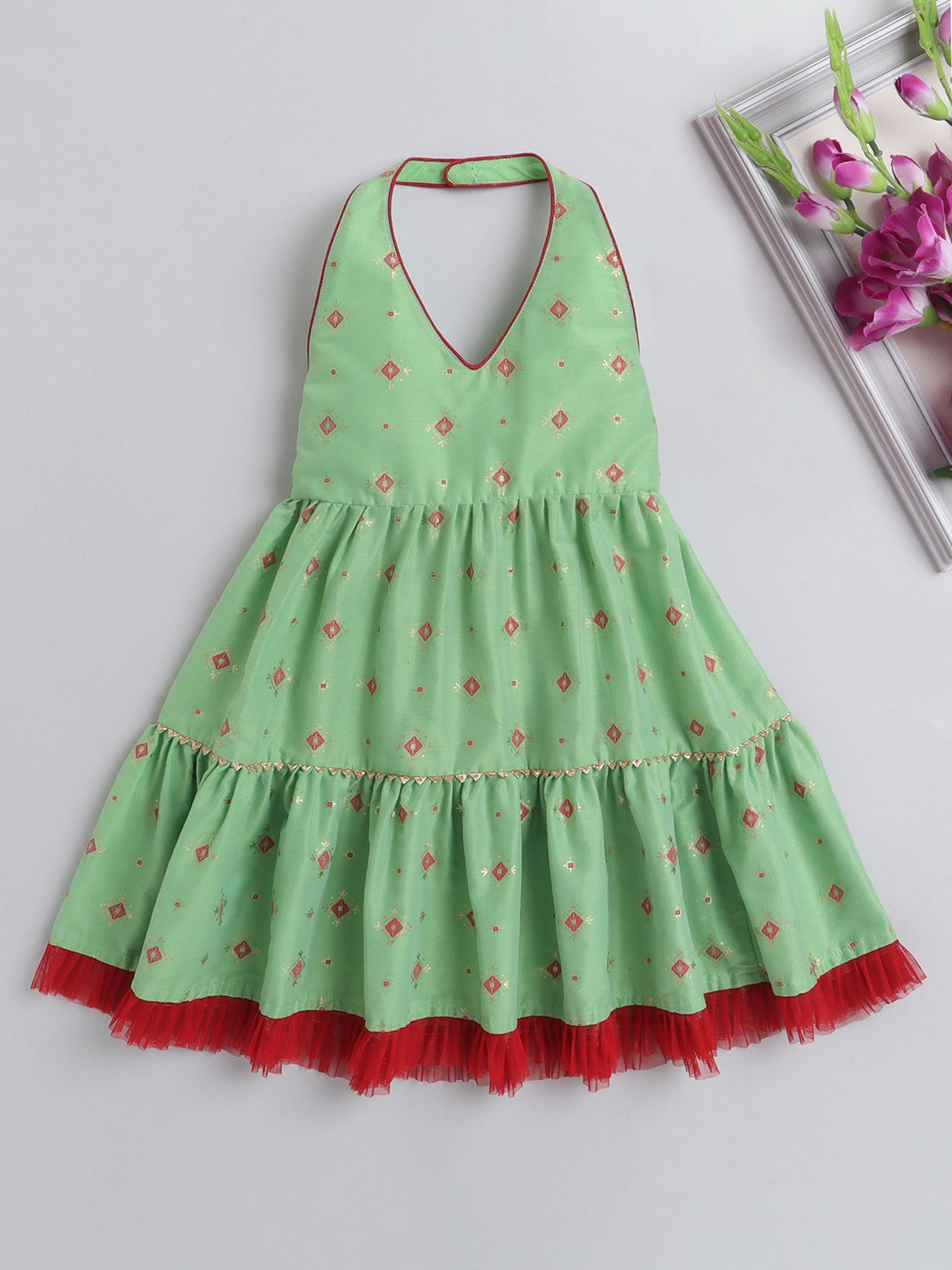 Halter Neck Foil Printed Tiered Dress For Girls With Contrast Net Frill Embelishment-Pista Green