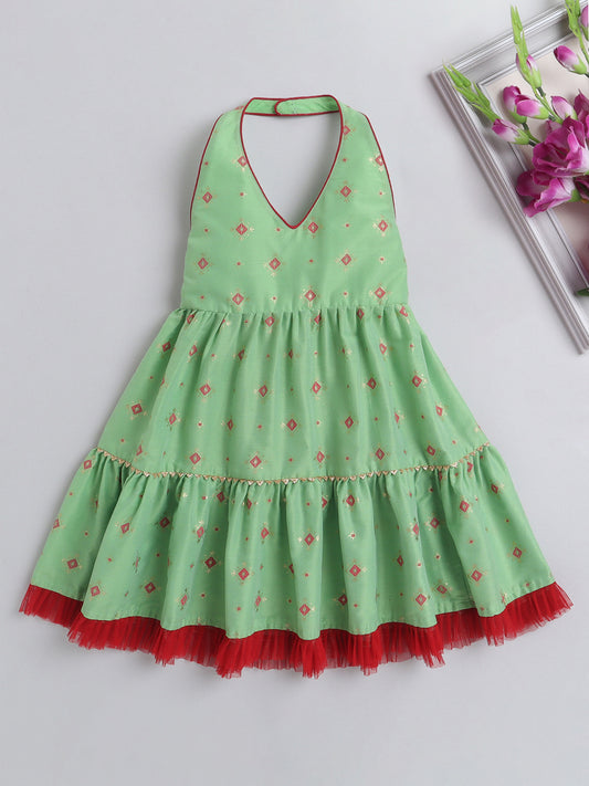 Halter Neck Foil Printed Tiered Dress For Girls With Contrast Net Frill Embelishment-Pista Green