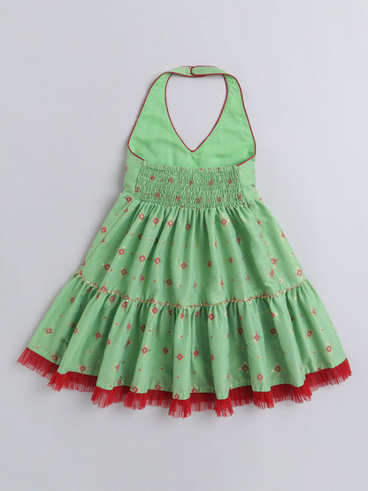 Halter Neck Foil Printed Tiered Dress For Girls With Contrast Net Frill Embelishment-Pista Green