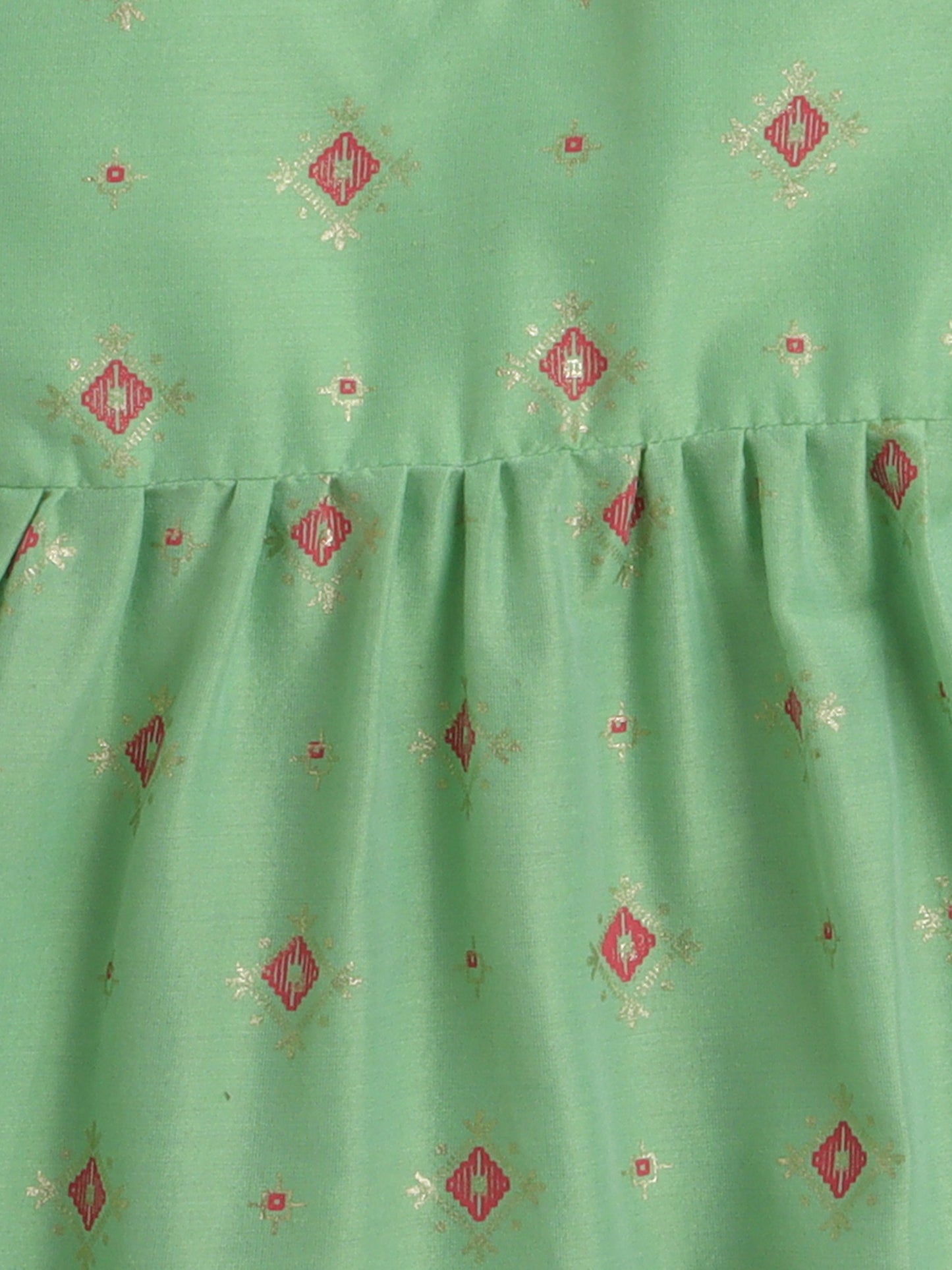 Halter Neck Foil Printed Tiered Dress For Girls With Contrast Net Frill Embelishment-Pista Green