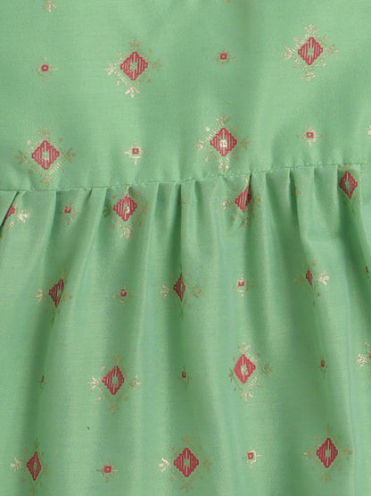 Halter Neck Foil Printed Tiered Dress For Girls With Contrast Net Frill Embelishment-Pista Green
