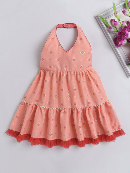 Halter Neck Foil Printed Tiered Dress For Girls With Contrast Net Frill Embelishment-Peach