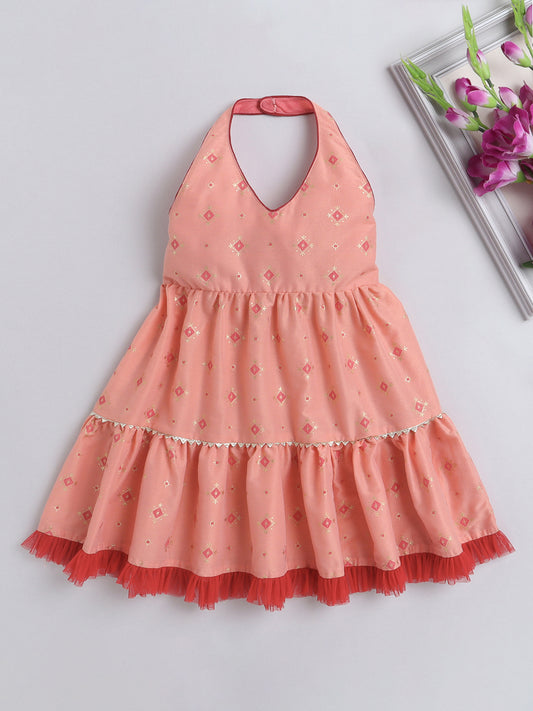 Halter Neck Foil Printed Tiered Dress For Girls With Contrast Net Frill Embelishment-Peach
