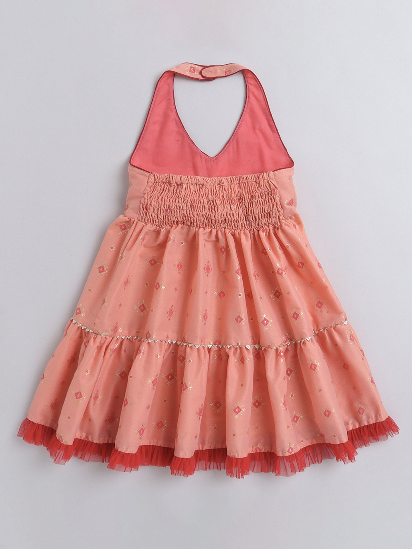 Halter Neck Foil Printed Tiered Dress For Girls With Contrast Net Frill Embelishment-Peach