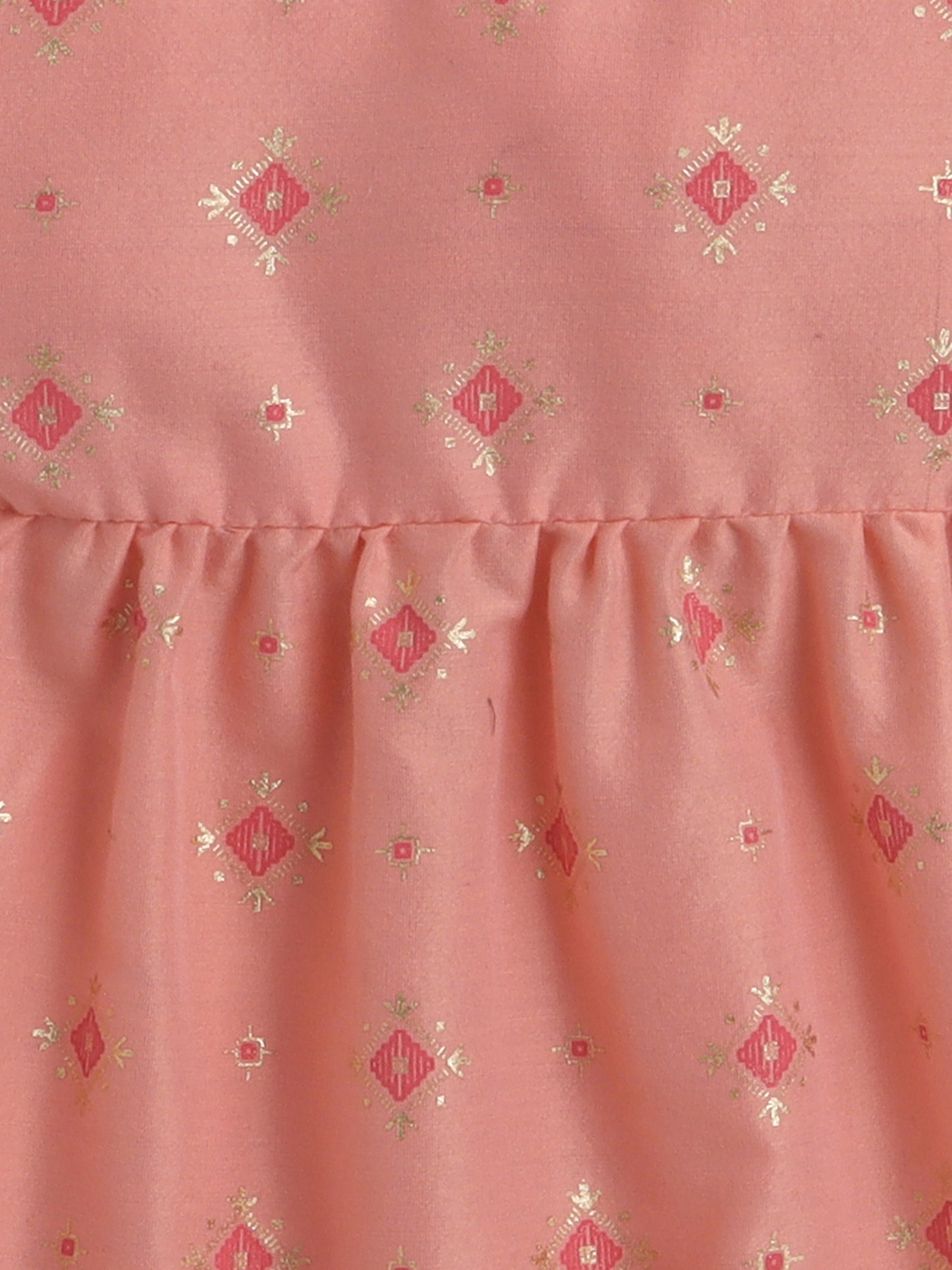 Halter Neck Foil Printed Tiered Dress For Girls With Contrast Net Frill Embelishment-Peach