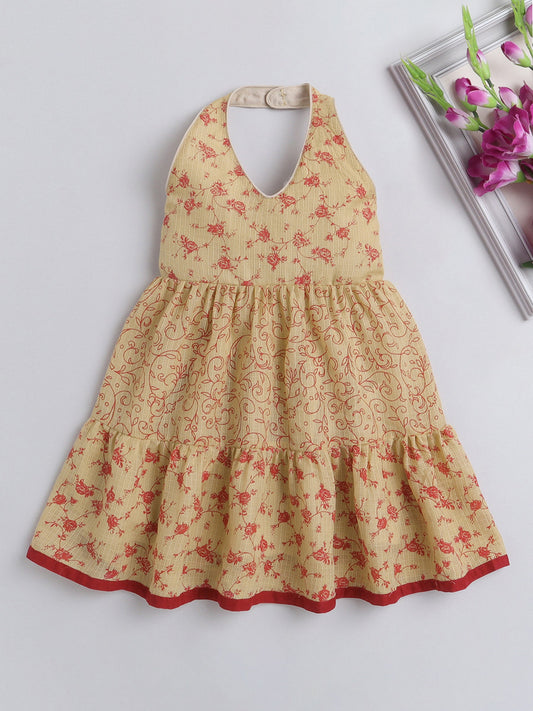 The Magic Wand Halter Neck Doriya Printed Casual Dress -Beige