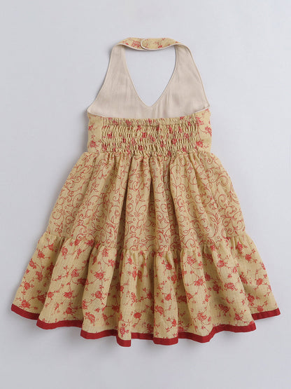 The Magic Wand Halter Neck Doriya Printed Casual Dress -Beige
