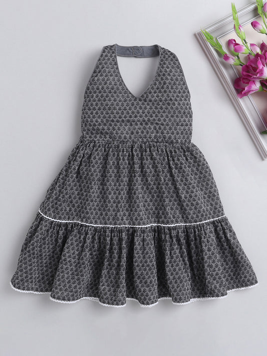 Halter Neck Cotton Dobby Tiered Dress For Girls With Lace Embelishment - Grey