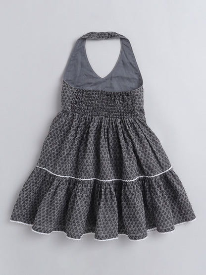 Halter Neck Cotton Dobby Tiered Dress For Girls With Lace Embelishment - Grey