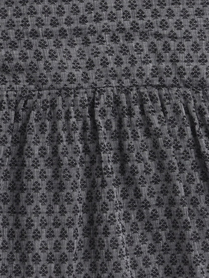 Halter Neck Cotton Dobby Tiered Dress For Girls With Lace Embelishment - Grey