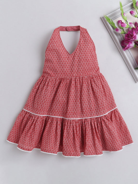 Halter Neck Cotton Dobby Tiered Dress For Girls With Lace Embelishment - Red