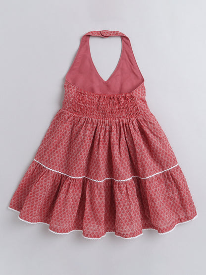 Halter Neck Cotton Dobby Tiered Dress For Girls With Lace Embelishment - Red