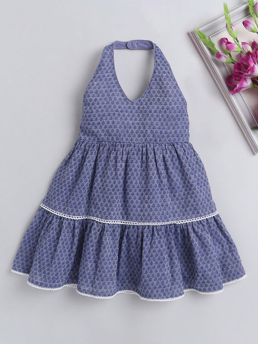 Halter Neck Cotton Dobby Tiered Dress For Girls With Lace Embelishment - Blue