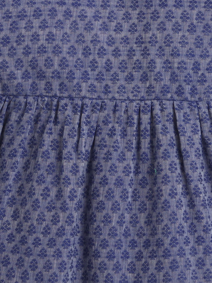 Halter Neck Cotton Dobby Tiered Dress For Girls With Lace Embelishment - Blue