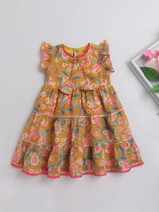 Floral Printed Ruffle Sleeves Lace Embelished Dress For Girls-Mustard