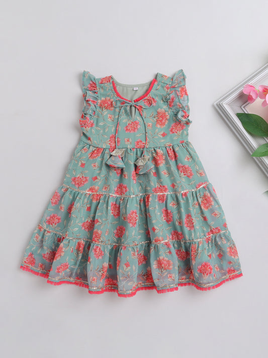 Floral Printed Ruffle Sleeves Lace Embelished Dress For Girls-Green