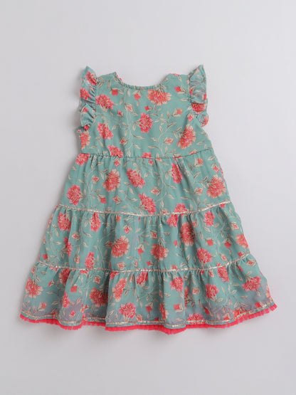 Floral Printed Ruffle Sleeves Lace Embelished Dress For Girls-Green