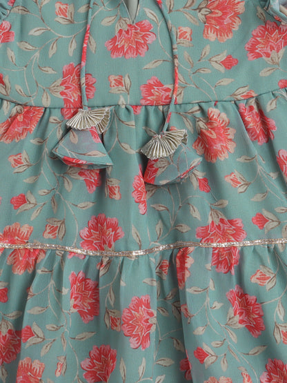 Floral Printed Ruffle Sleeves Lace Embelished Dress For Girls-Green