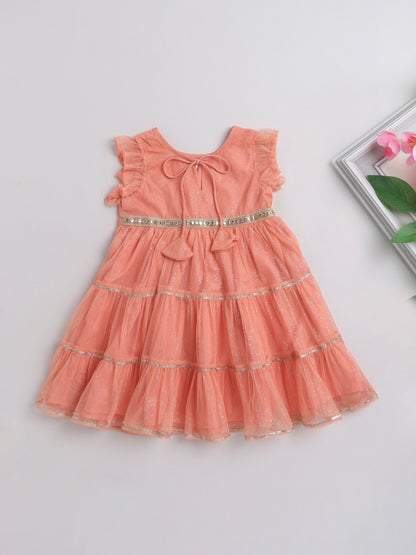Floral Printed Ruffle Sleeves Lace Embelished Dress For Girls-Peach