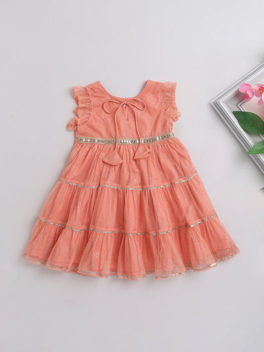 Floral Printed Ruffle Sleeves Lace Embelished Dress For Girls-Peach