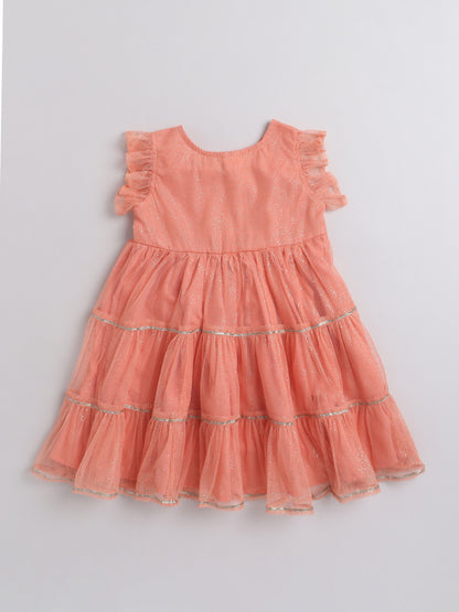 Floral Printed Ruffle Sleeves Lace Embelished Dress For Girls-Peach