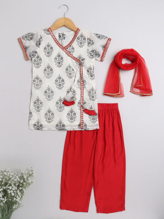 All Over Printed Short Sleeves Lace Detailing Kurta And Salwar Set With Dupatta For Girls-Off White, Red