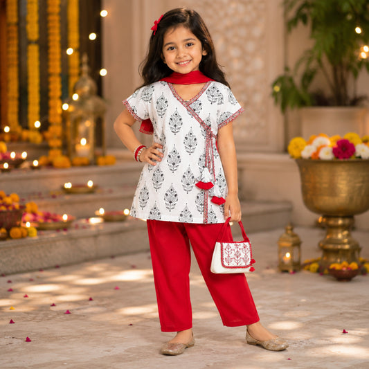 All Over Printed Short Sleeves Lace Detailing Kurta And Salwar Set With Dupatta For Girls-Off White, Red