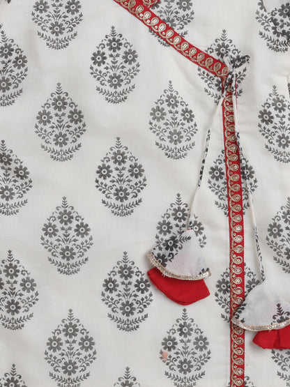 All Over Printed Short Sleeves Lace Detailing Kurta And Salwar Set With Dupatta For Girls-Off White, Red