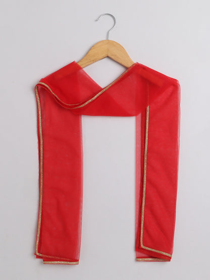 All Over Printed Short Sleeves Lace Detailing Kurta And Salwar Set With Dupatta For Girls-Off White, Red