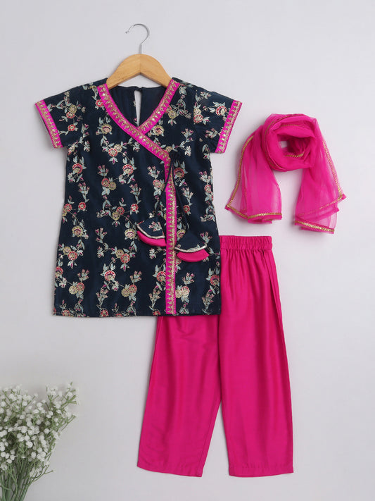 All Over Printed Short Sleeves Lace Detailing Kurta And Salwar Set With Dupatta For Girls-Navy Blue, Fuchsia
