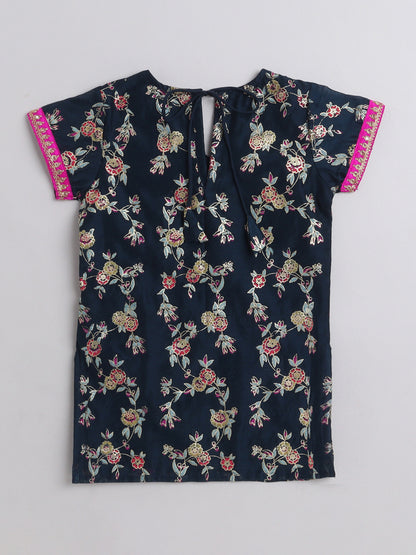 All Over Printed Short Sleeves Lace Detailing Kurta And Salwar Set With Dupatta For Girls-Navy Blue, Fuchsia