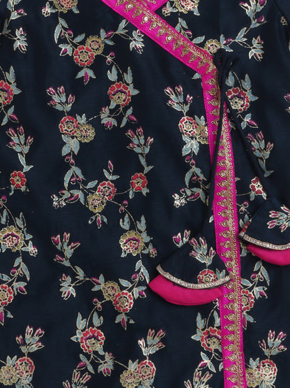 All Over Printed Short Sleeves Lace Detailing Kurta And Salwar Set With Dupatta For Girls-Navy Blue, Fuchsia