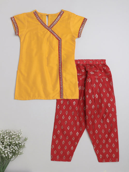 Short Sleeves Lace Detailing Kurta And Salwar Set For Girls-Mustard