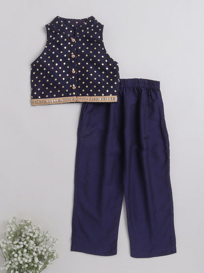 All Over Polka Dots Printed Sleeveless Collar Neck Top And Pant Set For Girls-Navy Blue