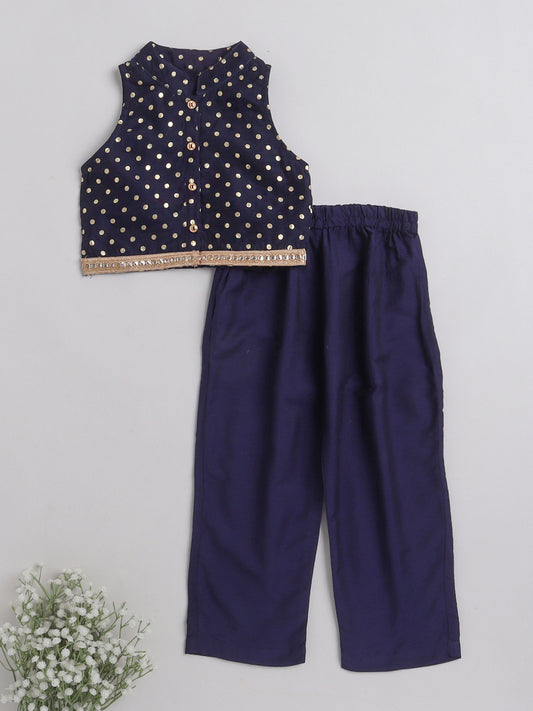 All Over Polka Dots Printed Sleeveless Collar Neck Top And Pant Set For Girls-Navy Blue
