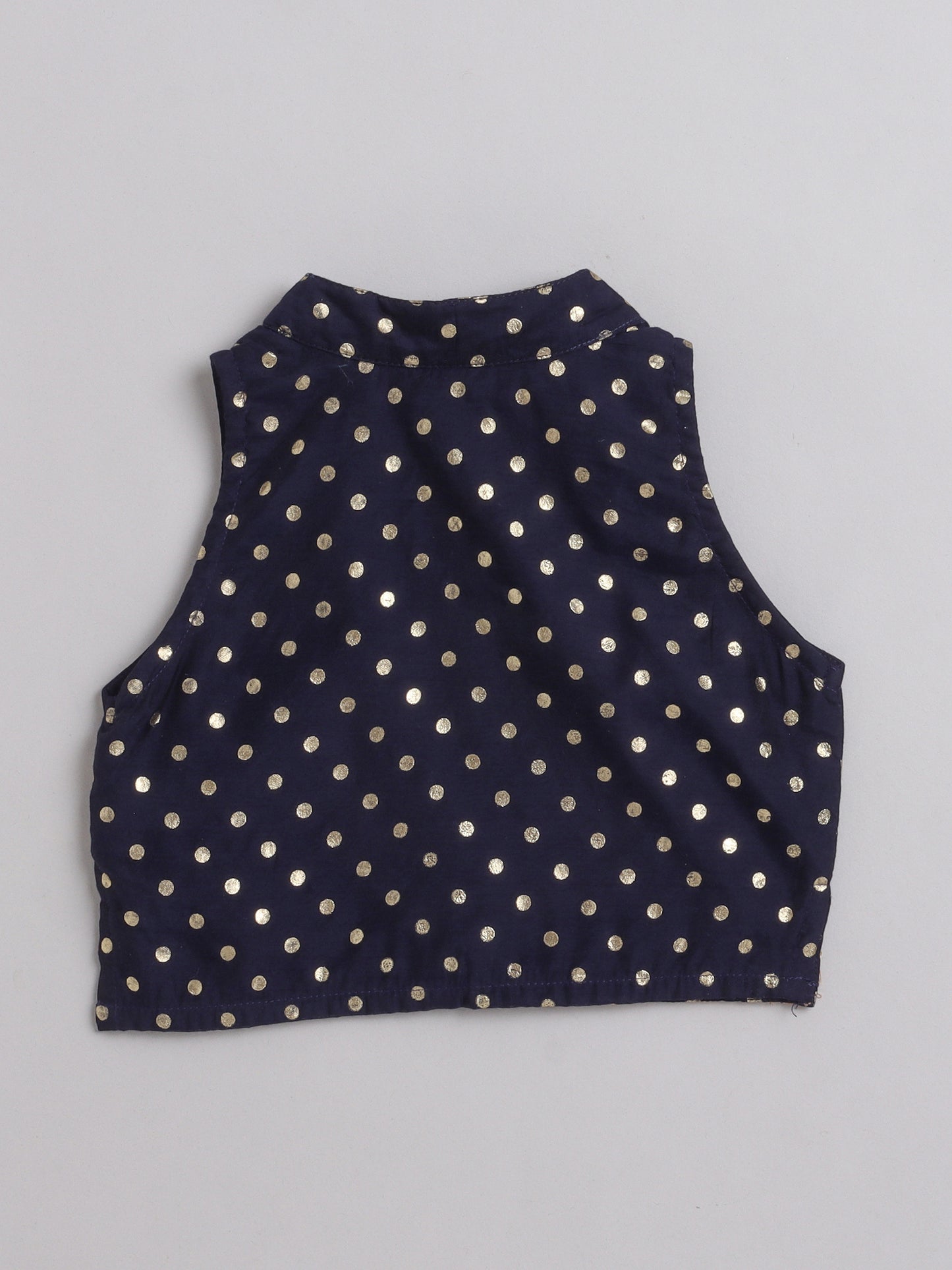 All Over Polka Dots Printed Sleeveless Collar Neck Top And Pant Set For Girls-Navy Blue
