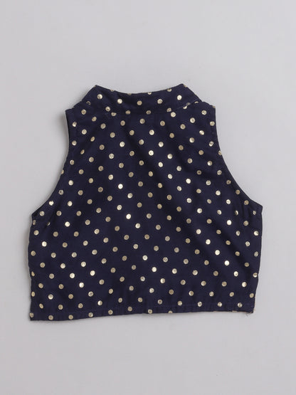 All Over Polka Dots Printed Sleeveless Collar Neck Top And Pant Set For Girls-Navy Blue
