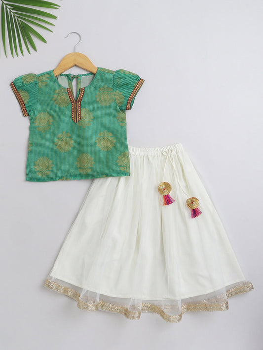 Half Sleeves Ethnic Motif Woven Detailed Choli With Gota Lace Embellished Lehenga - Sea Green