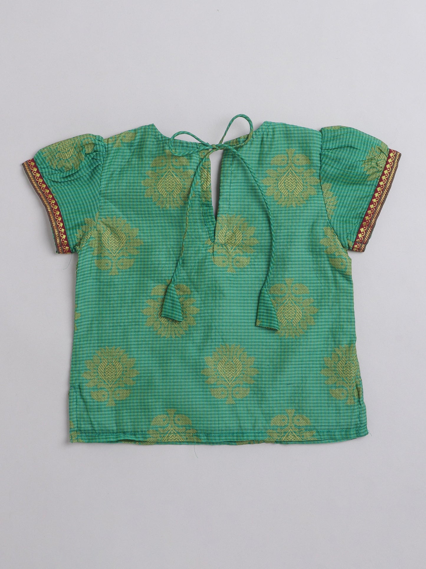 Half Sleeves Ethnic Motif Woven Detailed Choli With Gota Lace Embellished Lehenga - Sea Green