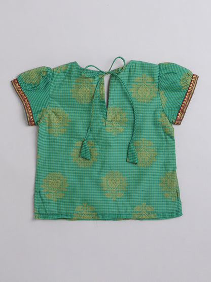 Half Sleeves Ethnic Motif Woven Detailed Choli With Gota Lace Embellished Lehenga - Sea Green