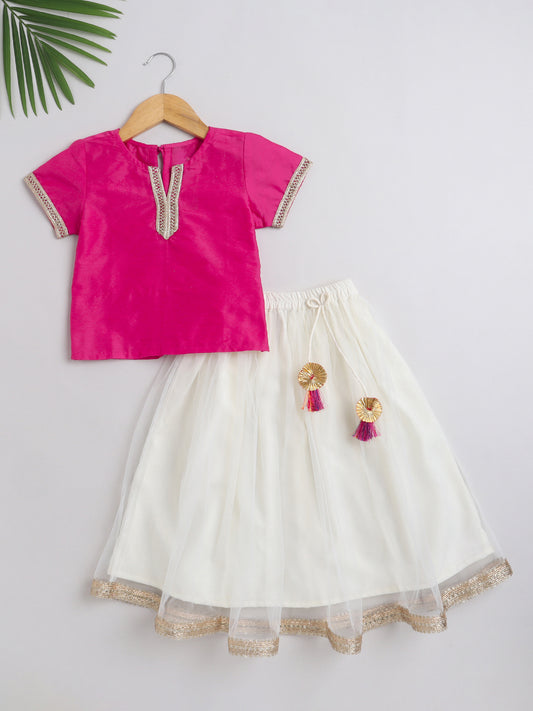 Festive Pattu Pavadai ,Girls, Ethnic wear Lace Embellished Cap Slv pink Choli with Lehenga Set-